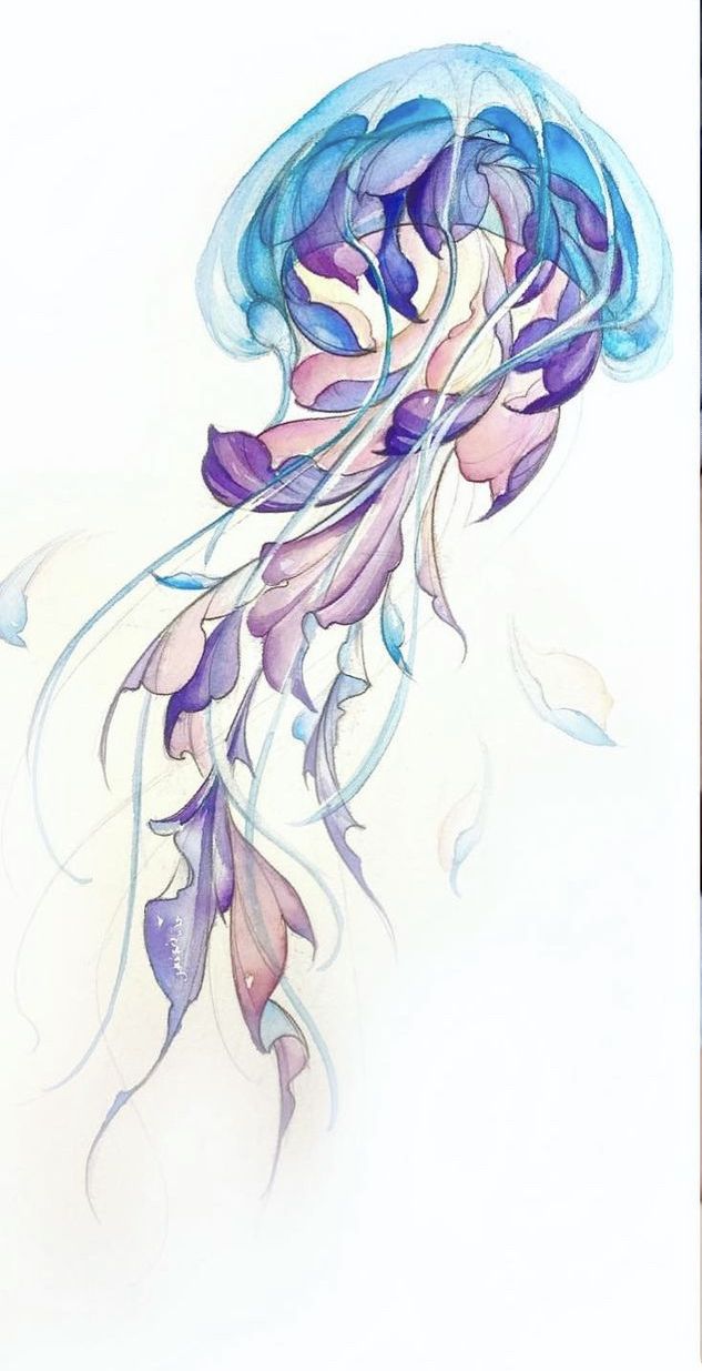 Watercolour drawing of a jellyfish in blue, violet and rose.